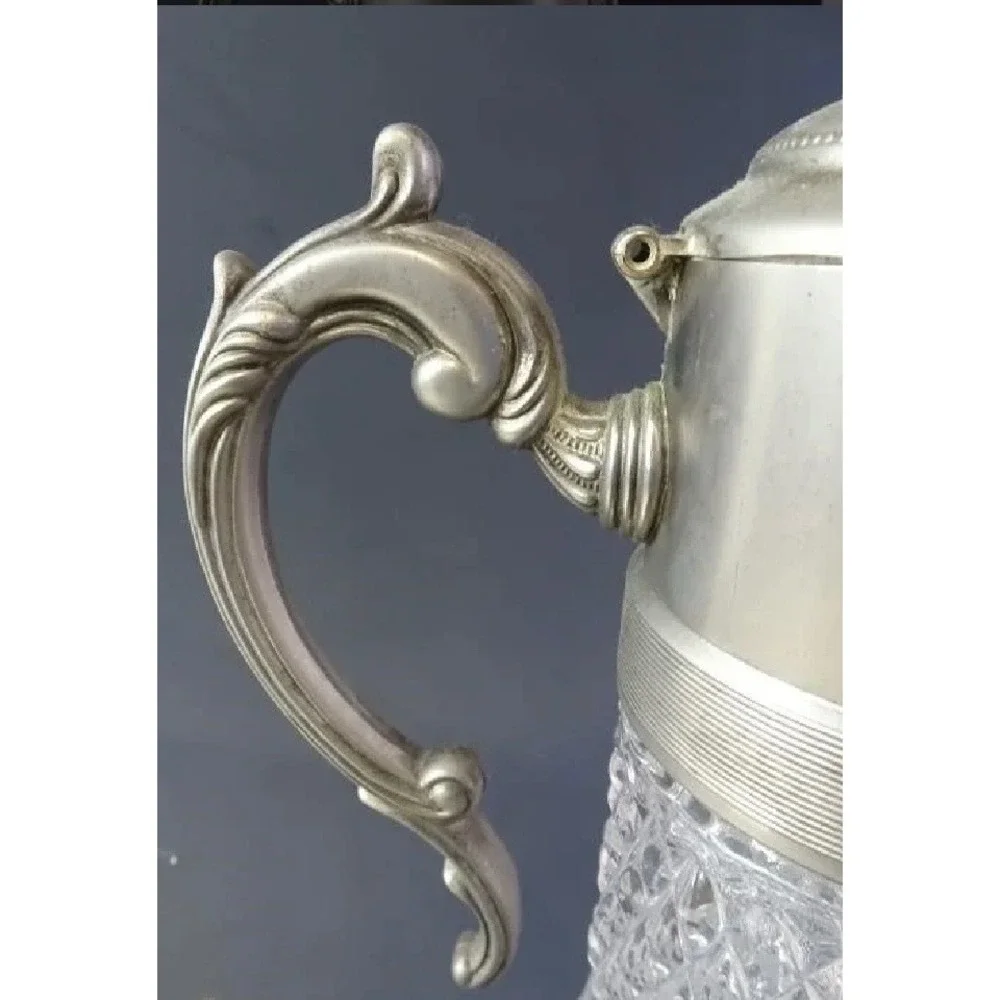 Vintage Crystal Claret Jug Ornate Silver Tone Lid Handle Diamond Cut Decanter